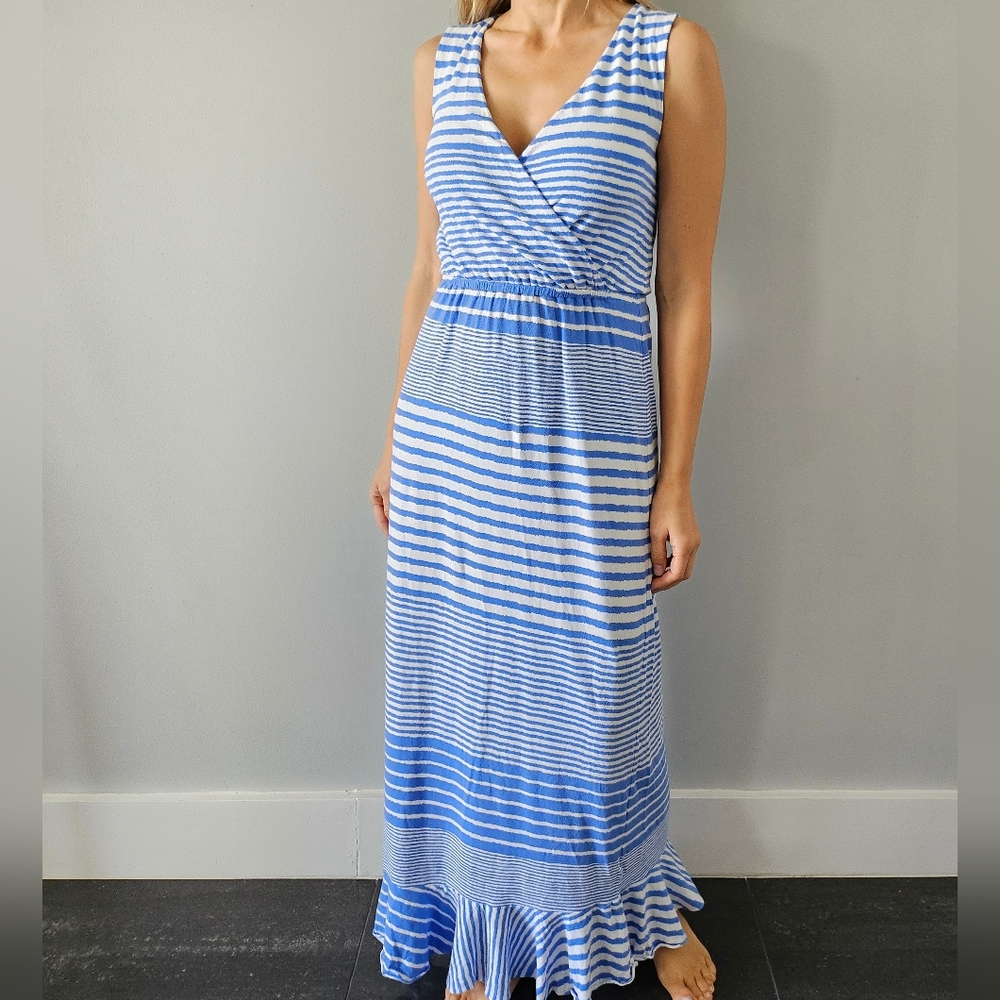 Vineyard Vines Blue White Stripe Maxi Dress XXS Ruffles Soft Knit Coastal Beachy